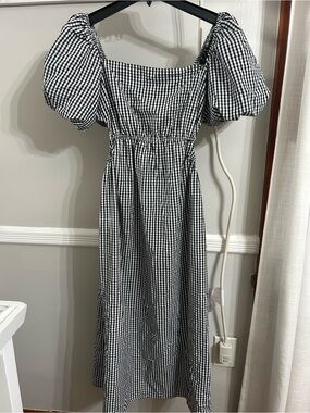 Aqua Black and White Gingham Puff-Sleeve Midi Dress